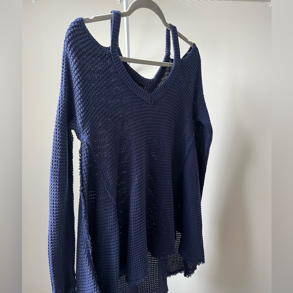 Free People - Oversized Cold Shoulder Waffle Blue Sweater